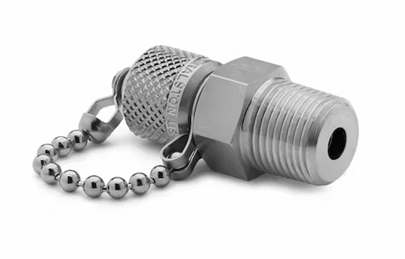 QTFT-3MS1 3/8" male NPT x male Quick-test, with check valve, with cap and chain, S.S.